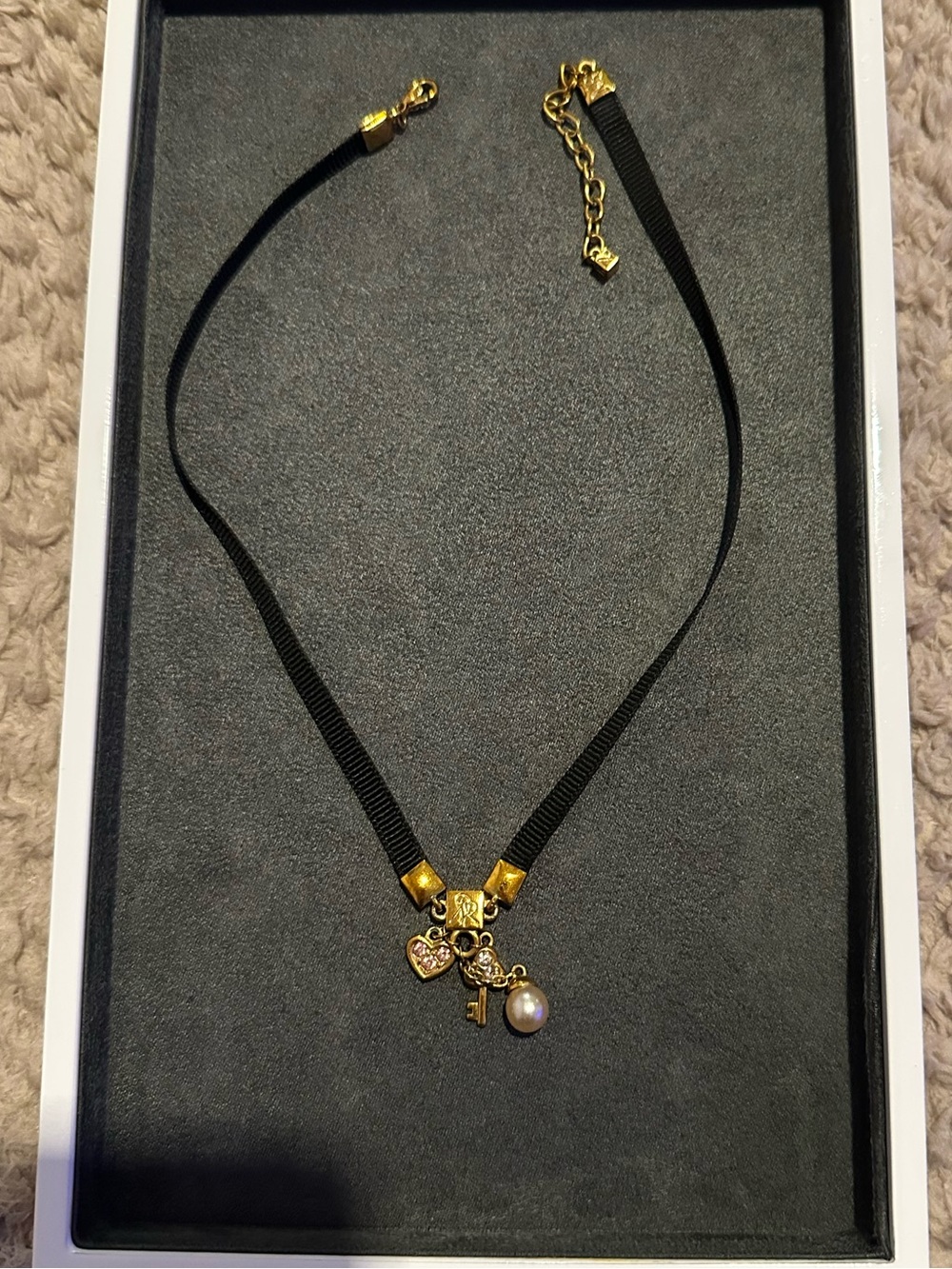 Nina Ricci Black Ribbon Choker Necklace with Gold Heart & Pearl Charms